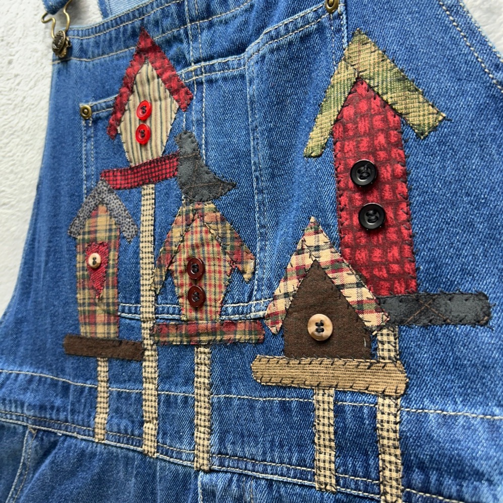 Vintage Denim Overalls Womens XL Birdhouse Patchwork Cottagecore Wide Leg Cotton - Picture 2 of 14